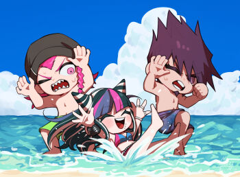 1girl 2boys arms_up barefoot beanie bikini black_hair black_hat blue_hair blue_sky blush blush_stickers braid chibi clenched_hand closed_eyes cloud commentary_request danganronpa_(series) danganronpa_2:_goodbye_despair danganronpa_s:_ultimate_summer_camp danganronpa_v3:_killing_harmony day eyelashes face_piercing facial_hair gaba33 goatee green_swim_trunks hair_horns hat highres jewelry mioda_ibuki momota_kaito mouth_piercing multicolored_hair multiple_boys multiple_rings one_eye_closed outdoors piercing pink_eyes pink_hair purple_hair ring scene_reference sharp_teeth signature single_braid sky smile soda_kazuichi space_print splashing starry_sky_print swimsuit teeth topless_male upper_teeth_only v-shaped_eyebrows water wet white_hair