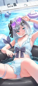 1girl absurdres arm_ribbon armpits ball beachball bikini bikini_skirt black_nails blue_eyes bob_cut bow choker collarbone commentary_request earrings eyewear_on_head frills grey_hair hair_bow hair_ornament hairclip heart heart-shaped_eyewear highres innertube jewelry kaga_sumire kiaoekakishitai looking_at_viewer midriff mole mole_under_eye nail_polish navel pool pool_ladder poolside ribbon short_hair single_earring skindentation solo sunglasses swim_ring swimsuit thigh_strap virtual_youtuber vspo! water