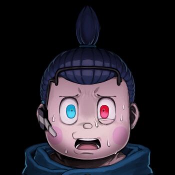 Rule 34 | 1boy, akiba saizo, batten xxxx, black background, blue eyes, blue jacket, cellphone, hashtag-only commentary, headset, heterochromia, highres, iphone, jacket, looking at viewer, male focus, nervous sweating, open mouth, phone, red eyes, scared, simple background, smartphone, solo, sweat, topknot, tribe nine