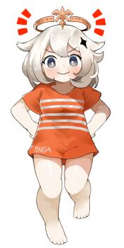 >:) 1girl absurdres barefoot blue_eyes blush breasts bright_pupils chinese_commentary closed_mouth clothes_writing commentary_request full_body genshin_impact greek_toe hair_flaps hair_ornament halo hands_on_own_hips highres long_shirt looking_at_viewer medium_hair menthako notice_lines orange_shirt paimon_(genshin_impact) shirt short_sleeves simple_background small_breasts smile solo star_(symbol) star_hair_ornament striped_clothes striped_shirt tenga toes v-shaped_eyebrows white_background white_hair white_pupils