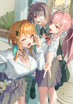3girls :d ;d absurdres bag black_bow black_bowtie black_choker black_skirt black_socks blunt_bangs bow bowtie breasts choker cleavage collared_shirt colored_inner_hair commentary cross cross_necklace day dress_shirt english_commentary eyepatch feathers gawr_gura gawr_gura_(1st_costume) gradient_hair green_feathers green_hair grey_eyes grey_sweater gyaru_v hanho highres hololive hololive_english holomyth jewelry large_breasts long_hair looking_at_viewer medical_eyepatch medium_hair miniskirt mori_calliope multicolored_hair multiple_girls necklace ninomae_ina&#039;nis ninomae_ina&#039;nis_(school_uniform) official_alternate_costume official_alternate_hairstyle one_eye_closed open_mouth orange_hair outdoors pink_eyes pink_hair pleated_skirt pointy_ears ponytail purple_hair red_bow red_bowtie ribbon_choker school_bag school_uniform shirt shirt_tucked_in shoulder_bag side_ponytail sidelocks skirt sleeves_rolled_up smile socks sweater takanashi_kiara teeth tentacle_hair upper_teeth_only v v-neck virtual_youtuber watson_amelia watson_amelia_(1st_costume) white_shirt