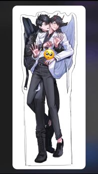 2boys arm_around_waist belt black_coat black_hair black_shirt censored clenched_hand coat coat_lift collared_shirt commentary demon_horns emoji emoji_censor flustered full_body hair_between_eyes hand_up highres horns kim_dokja knee_up looking_at_viewer male_focus multiple_boys omniscient_reader&#039;s_viewpoint open_clothes open_coat shirt short_hair spread_fingers standing standing_on_one_leg symbol-only_commentary toupou39 white_coat yoo_joonghyuk