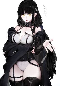 1girl absurdres arm_under_breasts black_cloak black_corset black_hair black_sleeves black_thighhighs blue_ribbon breasts bright_pupils cloak commentary_request corset cowboy_shot detached_sleeves elf garter_straps hair_ornament hair_ribbon highres jun_(navigavi) large_breasts leotard long_hair looking_at_viewer open_cloak open_clothes open_mouth original outstretched_arm pointy_ears reaching reaching_towards_viewer ribbon second-party_source simple_background single_garter_strap solo standing thighhighs translation_request very_long_hair white_background white_leotard white_pupils yellow_eyes