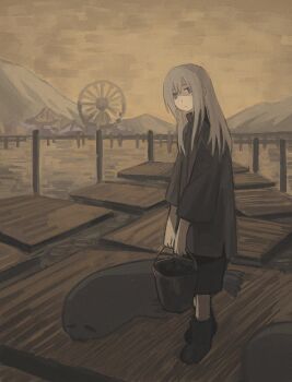 1girl animal black_boots black_shorts boardwalk boots bucket commentary cyberseaurchin english_commentary expressionless ferris_wheel grey_hair highres holding holding_bucket long_hair original outdoors seal_(animal) shorts solo standing