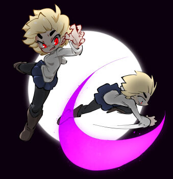 Rule 34 | 1girl, arcueid brunestud, attack, black background, black pantyhose, blonde hair, boots, breasts, brown boots, fang, fighting stance, fingernails, floating clothes, floating hair, full moon, highres, jellot, looking at viewer, miniskirt, moon, pantyhose, red eyes, sharp fingernails, short hair, skirt, slashing, smile, solo, sweater, thick eyebrows, tsukihime, tsukihime (remake), turtleneck, turtleneck sweater, white sweater