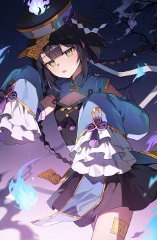 1girl absurdres azit_(down) black_dress blue_dress blue_fire blue_hat blunt_bangs braid breasts chinese_clothes cleavage_cutout clothing_cutout cowboy_shot detached_sleeves double-parted_bangs dress fire gradient_background green_eyes hat hat_ornament highres jiangshi jiangshi_costume jitome lace-trimmed_sleeves lace_trim looking_at_viewer ofuda ofuda_on_clothes ofuda_on_head ofuda_on_leg original outstretched_arms purple_background qingdai_guanmao short_hair_with_long_locks sleeveless sleeveless_dress sleeves_past_fingers sleeves_past_wrists small_breasts tongue tongue_out twin_braids two-tone_dress zombie_pose