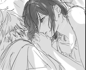 1boy 1girl bare_shoulders blush breasts chainsaw_man couple denji_(chainsaw_man) greyscale hair_between_eyes hetero looking_at_another m_usami medium_breasts medium_hair monochrome parted_lips reze_(chainsaw_man) shirt short_hair sketch upper_body white_shirt