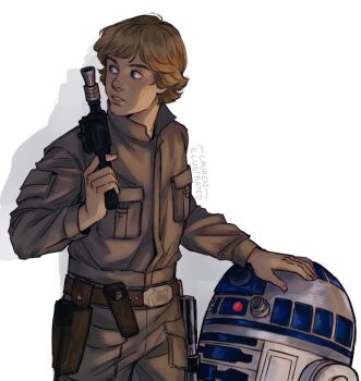 1boy 1other artist_name astromech_droid belt blonde_hair blue_eyes brown_belt brown_jumpsuit gun highres holding holding_gun holding_weapon jumpsuit lauren_illustrated looking_to_the_side luke_skywalker male_focus r2-d2 shadow short_hair simple_background star_wars star_wars:_the_empire_strikes_back weapon weapon_request white_background