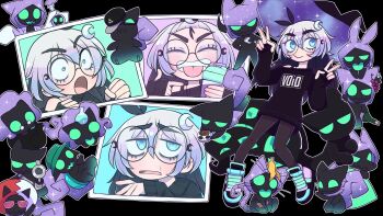 Rule 34 | 1girl, 6+others, aiming, aiming at viewer, alphena, alphena (vtuber), banana peel, bangs pinned back, black leggings, black shirt, blue eyes, blue shoes, commentary, cosplay, crescent, crescent hair ornament, double v, english commentary, eyelashes, hair between eyes, hair ornament, hat, highres, indie virtual youtuber, leggings, miror b. (pokemon), miror b. (pokemon) (cosplay), multiple others, nintendo, off shoulder, official art, official wallpaper, pokemon, pokemon colosseum, purple hair, round eyewear, shirt, shoes, short hair, sneakers, tongue, tongue out, v, virtual youtuber, voidling (alphena), witch hat