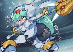 Rule 34 | 1girl, adapted costume, anus, armor, ass, bent over, black skin, blush, cameltoe, censored, colored skin, covered erect nipples, cum, cum in ass, cum in pussy, from behind, full body, highres, holding, holding staff, mega man (series), mega man zx, model w (mega man), mosaic censoring, motion lines, pandora (mega man), pochincoff, pussy, red eyes, rolling eyes, saliva, solo, staff, tongue, tongue out, translation request, twitching, white armor, white helmet