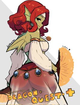 Rule 34 | 1girl, alt text, ass, back fin, bandeau, black eyes, breasts, colored skin, commentary, copyright name, cowboy shot, curly hair, dragon quest, dragon quest x, english commentary, fins, fish girl, green skin, hand fan, head fins, highres, holding, holding fan, jewelry, looking back, lunchiblz, medium breasts, medium hair, monster girl, off shoulder, pants, pendant, profile, red hair, red pants, roto's emblem, see-through clothes, see-through skirt, skirt, smile, solo, weddie (dq10), white background, white bandeau, white sleeves
