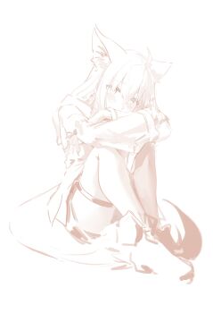 1girl absurdres ahoge animal_ear_fluff animal_ear_piercing animal_ears aqua_eyes bare_shoulders black_tail black_thighhighs braid commentary crossed_bangs detached_sleeves double-parted_bangs earrings extra_ears fox_ears fox_girl fox_tail highres hololive hyde_(tabakko) jewelry long_hair looking_at_viewer low-tied_long_hair multicolored_tail sailor_collar shirakami_fubuki shirakami_fubuki_(1st_costume) shorts side_braid sidelocks simple_background single_braid single_earring single_thighhigh sketch solo tail thigh_strap thighhighs virtual_youtuber white_background white_hair white_tail wide_sleeves