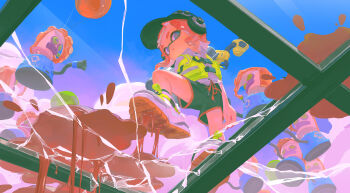 1girl absurdres arm_at_side balloon bare_legs baseball_cap black_hat black_shorts blue_eyes blue_sky cloud colored_shoe_soles crack cracked_glass dorothyshan fang flat_chest from_below glass_floor grey_shirt hat high-visibility_clothing high-visibility_vest highres ink inkling inkling_girl inkling_player_character knee_up looking_at_viewer nintendo octarian_(enemy) octotrooper ooze orange_hair outdoors parted_lips red_pupils ringed_eyes shirt shoes short_eyebrows short_sleeves shorts sidelocks sky splatoon_(series) standing standing_on_one_leg sticky through_window turning_head white_shoes wispy_bangs