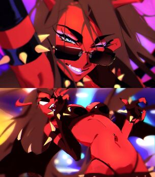 1girl alien_stage armlet black_bra black_wings blue_eyes bra brown_hair colored_skin commentary demon_wings eyeshadow fang highres hyuna_(alien_stage) jewelry long_hair makeup navel navel_piercing one_eye_closed open_mouth panty_&amp;_stocking_with_garterbelt piercing purple_eyeshadow purple_lips red_skin spiked_armlet spiked_wings sunglasses uchiha_i_arts underwear very_long_hair wings