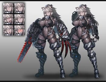 Rule 34 | 1girl, animal ear fluff, animal ears, arm armor, arm blade, armor, black bodysuit, bodysuit, breasts, camouflage, chainsword, check copyright, cleavage, commission, copyright request, covered navel, dated commentary, expression chart, frown, full body, gradient background, grey background, grey eyes, grey hair, hetza (hellshock), huge breasts, leg armor, long hair, looking at viewer, multiple views, original, ponytail, scar, scar on face, shoulder armor, skeb commission, snow camouflage, tally, weapon