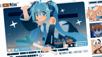 2boys 3girls bare_shoulders black_skirt black_sleeves black_thighhighs blue_eyes blue_hair blush brand_name_imitation character_request closed_mouth collared_shirt commentary cursor detached_sleeves double-parted_bangs english_commentary food fourth_wall grey_shirt hair_between_eyes hatsune_miku holding holding_food holding_spring_onion holding_vegetable kagamine_len kagamine_rin kasane_teto kasane_teto_(sv) long_hair long_sleeves looking_at_viewer miniskirt multiple_boys multiple_girls no_lineart number_tattoo pleated_skirt projecttiger shirt shoulder_tattoo skirt sleeveless sleeveless_shirt spring_onion synthesizer_v tattoo thighhighs twintails utau vegetable vocaloid youtube zettai_ryouiki