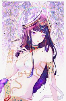 1girl absurdres alternate_costume alternate_universe ancient_egyptian_clothes armlet bare_arms bare_shoulders blunt_bangs bracelet braid breasts cleavage collarbone commentary_request crown_braid detached_collar earrings eye_symbol fake_horns flower gem genshin_impact glint gradient_hair grey_background head_tilt headpiece highres horns jewelry large_breasts leaning_to_the_side long_braid looking_at_viewer mole mole_under_eye multicolored_hair navel parted_lips purple_eyes purple_hair raiden_shogun rainbow red_gemstone red_lips sideboob single_braid sitting skirt snake solo stomach streaked_hair toned toned_female upper_body vinko961026 wisteria
