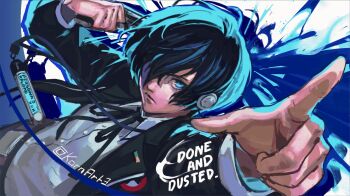 Rule 34 | 1boy, arm up, black jacket, black ribbon, blue eyes, blue hair, closed mouth, collared shirt, commentary, mp3 player, earphones, english commentary, evoker, gekkoukan high school uniform, gun, hair over one eye, highres, holding, holding gun, holding weapon, index finger raised, jacket, kornart, long sleeves, looking at viewer, male focus, neck ribbon, open clothes, open jacket, persona, persona 3, persona 3 reload, pointing, pointing at self, ribbon, school uniform, shirt, short hair, solo, summoning, twitter username, upper body, weapon, white shirt, yuuki makoto (persona 3)