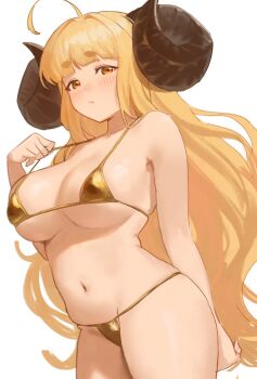 Rule 34 | 1girl, anila (granblue fantasy), bikini, blonde hair, blush, breasts, brown horns, cleavage, closed mouth, curled horns, draph, gold bikini, granblue fantasy, highres, horns, large breasts, long hair, looking at viewer, micro bikini, navel, nuykkif, short eyebrows, simple background, solo, stomach, strap pull, swimsuit, thick eyebrows, white background, yellow eyes, zipper pull tab
