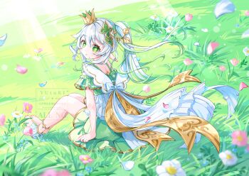 1girl adapted_costume bare_shoulders commentary_request cross-shaped_pupils crown detached_sleeves dress from_side full_body genshin_impact gradient_hair green_eyes green_hair green_sleeves hair_between_eyes hair_ornament leaf_hair_ornament long_hair looking_at_viewer looking_to_the_side mini_crown multicolored_hair nahida_(genshin_impact) on_grass partial_commentary pointy_ears side_ponytail sitting sleeveless sleeveless_dress solo stirrup_legwear symbol-shaped_pupils toeless_legwear toes white_dress white_hair yutukicom