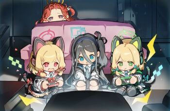 4girls :o :t absurdres animal_ear_headphones animal_ears aris_(blue_archive) black_hair black_hairband black_thighhighs blonde_hair blue_archive blue_eyes blue_halo blue_necktie blush_stickers bow bowtie cat_ear_headphones cat_ears chibi chibi_only closed_mouth collared_shirt controller couch double-parted_bangs fake_animal_ears game_controller game_development_department_(blue_archive) green_bow green_eyes green_halo hair_between_eyes hair_bow hairband halo headphones highres holding holding_controller holding_game_controller jacket long_hair long_hair_between_eyes long_sleeves mechanical_tail midori_(blue_archive) momoi_(blue_archive) multiple_girls necktie one_side_up open_clothes open_jacket open_mouth parted_bangs pink_halo playing_games purple_eyes rectangular_halo red_bow red_bowtie red_eyes red_hair shirt short_hair sitting striped_necktie tail tail_bow tail_ornament thighhighs white_jacket white_shirt yellow_halo yuzu_(blue_archive) zeriko