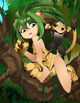 animal_ears cat_ears cat_girl cat_tail cham_cham fangs green_eyes green_hair highres loli looking_at_viewer monkey open_mouth samurai_spirits tail tamtam_(samurai_spirits) tree