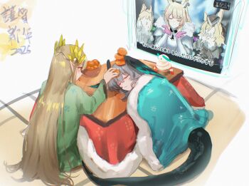 2026 2girls absurdres aqua_feathers aqua_wings arknights blanket blemishine_(arknights) blonde_hair bowl brown_hair commentary elf english_commentary food fruit green_pajamas grey_hair head_wings highres ho'olheyak_(arknights) kotatsu muelsyse_(arknights) multiple_girls nearl_(arknights) orange_(fruit) pajamas pile pointy_ears sleeping snake_girl snake_tail table tail two-tone_feathers two-tone_wings umamusume umapyoi_densetsu uof whislash_(arknights) wings yellow_eyes