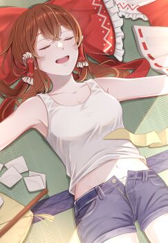 1girl alternate_costume blue_shorts bow breasts brown_hair cleavage closed_eyes collarbone commentary_request commission denim frilled_bow frilled_hair_tubes frills gohei hair_bow hair_tubes hakurei_reimu highres jeans long_hair luuu_u_u lying navel on_back open_mouth pants pixiv_commission red_bow shirt shorts sleeping smile solo tank_top tatami touhou white_shirt white_tank_top