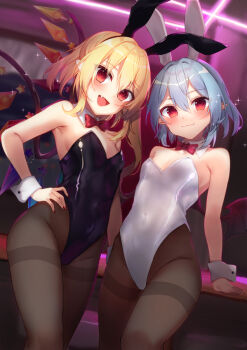 2girls animal_ears armpits bare_shoulders bat_wings black_leotard blonde_hair chisiro_unya_(unya_draw) closed_mouth crystal_wings detached_collar fake_animal_ears fang flandre_scarlet grey_pantyhose hand_on_own_hip hands_on_table leotard long_hair looking_at_viewer multiple_girls one_side_up open_mouth pantyhose playboy_bunny pointy_ears purple_hair rabbit_ears red_eyes remilia_scarlet short_hair smile strapless strapless_leotard table thighband_pantyhose touhou white_leotard wings wrist_cuffs