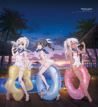 3girls ass back back_cutout bare_shoulders barefoot between_legs black_hair blue_sailor_collar blush breasts brown_eyes candle chloe_von_einzbern closed_mouth clothing_cutout copyright_name covered_navel dark-skinned_female dark_skin evening fate/kaleid_liner_prisma_illya fate_(series) feet food food_in_mouth from_behind full_body grey_hair hair_ribbon heart heart-shaped_innertube high_ponytail holding holding_food holding_popsicle horizon hut illyasviel_von_einzbern inflatable_toy innertube loli long_hair looking_at_viewer looking_back merchandise_available miyu_edelfelt multiple_girls neckerchief ocean official_art one-piece_swimsuit open_mouth outdoors palm_tree pink_neckerchief ponytail pool poolside popsicle popsicle_in_mouth purple_neckerchief red_eyes red_neckerchief ribbon sailor_collar sailor_one-piece_swimsuit shoulder_blades side-tie_one-piece_swimsuit sitting sky small_breasts soles standing star_(sky) star_(symbol) starry_sky sun sunset swimsuit thigh_strap thighs tiptoes toes tongue tongue_out tree wet wet_clothes wet_swimsuit white_hair white_one-piece_swimsuit wooden_floor yellow_ribbon