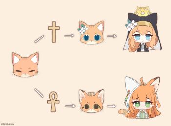 2girls :> :< ahoge animal_ears ankh arknights blue_archive blue_eyes blush_stickers cat cat_ears cat_tail chibi cross earrings evolutionary_line flower green_eyes halo highres jewelry look-alike mari_(blue_archive) multiple_girls nun orange_cat orange_hair papyrus_(arknights) sailor_collar smile tail tail_ornament tail_ring th3cr0ma twitter_username white_flower yellow_halo