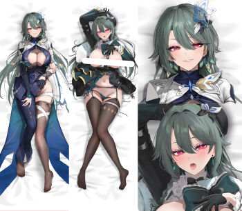 1girl absurdres anzu0130 beret black_bodysuit black_dress black_pantyhose bodysuit breasts censored cleavage commentary_request dakimakura_(medium) dress green_panties grey_hair hat heart heart_censor highres honkai_(series) honkai_impact_3rd large_breasts long_hair lying merchandise_available midriff multiple_views navel official_alternate_costume on_back panties pantyhose purple_eyes single_leg_bodysuit tongue tongue_out underwear very_long_hair vita_(don_quijote)_(honkai_impact) vita_(honkai_impact) vita_(lone_planetfarer)_(honkai_impact)