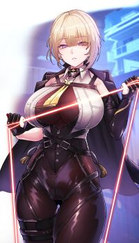 1girl absurdres bare_shoulders black_choker black_pants blonde_hair breasts building chest_harness choker cleavage collared_shirt commentary elbow_gloves english_commentary evelyn_chevalier gloves hair_up harness high-waist_pants highres horori_(halloweenday309) huge_breasts jacket jacket_on_shoulders looking_at_viewer looking_down mole mole_under_eye necktie pants parted_lips partially_fingerless_gloves purple_eyes shirt sidelocks single_elbow_glove sleeveless sleeveless_shirt solo standing strap thigh_gap tight_clothes tight_pants white_shirt yellow_necktie zenless_zone_zero zipper zipper_pull_tab