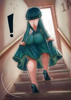 ! 1girl ass clothes_lift doorway dress dress_lift from_behind fubuki_(one-punch_man) green_dress green_hair green_shoes green_theme high_heels long_sleeves one-punch_man railing shoes short_hair stairs thick_thighs thighs tony_welt walking wide_hips