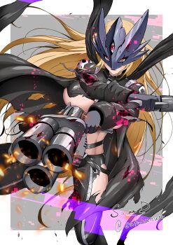 Rule 34 | 1girl, absurdres, beelstarmon, belt, black coat, black gloves, black pants, black vest, blonde hair, blue mask, breasts, closed mouth, coat, commentary request, cropped vest, digimon, digimon (creature), digital dissolve, dual wielding, eye mask, gloves, gun, handgun, highres, holding, holding gun, holding weapon, large breasts, leather, leather pants, lipstick, long hair, looking at viewer, makeup, mask, multiple-barrel gun, pants, partial commentary, pink eyes, purple lips, sawa d, sidelocks, signature, simple background, skull print, solo, standing, stomach, third eye, tight clothes, tight pants, torn clothes, torn coat, torn pants, twitter username, underboob, vest, weapon, wireframe, zipper