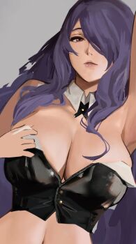 1girl animal_ears armpits bare_shoulders breasts breasts_out camilla_(fire_emblem) cleavage fire_emblem fire_emblem_fates hair_over_one_eye highres j@ck large_breasts long_hair navel nintendo nontraditional_playboy_bunny playboy_bunny purple_eyes purple_hair rabbit_ears solo stomach strapless thighs unfinished very_long_hair wavy_hair