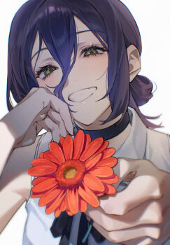 1girl black_choker black_ribbon chainsaw_man choker collared_shirt flower green_eyes grin hair_between_eyes hand_on_own_cheek hand_on_own_face highres holding holding_flower looking_at_viewer loyang neck_ribbon purple_hair red_flower reze_(chainsaw_man) ribbon shirt sleeveless sleeveless_shirt smile solo teeth white_background white_shirt