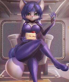 1girl absurdres animal_ears artist_name birthday_cake blue_fur blush breasts cake catsuit cleavage crossed_legs food fork fox_ears fox_girl fox_tail furry furry_female green_eyes highres krystal large_breasts legs nintendo smile star_fox star_fox_adventures star_fox_assault tail vtalfluffy