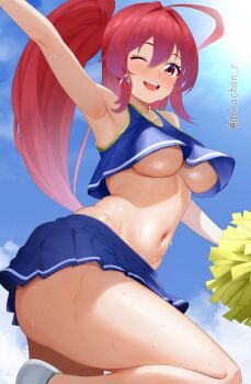 1girl ahoge armpit_focus armpits blue_skirt blue_sky blush breasts cheerleader commentary_request dorachan_r hair_ribbon highres holding holding_pom_poms i-168_(kancolle) kantai_collection long_hair looking_at_viewer medium_breasts open_mouth pleated_skirt pom_pom_(cheerleading) pom_poms ponytail red_eyes red_hair ribbon skirt sky smile solo standing standing_on_one_leg sweat thighs twitter_username underboob
