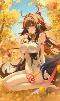 Rule 34 | 1girl, autumn leaves, bare shoulders, barefoot, breasts, brown hair, china dress, chinese clothes, commentary request, detached sleeves, dress, hairband, highres, large breasts, leaf, liu liaoliao, long hair, long sleeves, looking at viewer, outdoors, parted lips, red eyes, seiza, sitting, smile, white dress, white hairband, ye shunguang, zenless zone zero