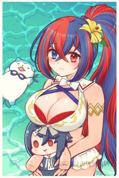 1girl alcryst_(fire_emblem) alternate_hairstyle armlet bikini blue_bikini blue_eyes blue_hair blush breasts character_doll cleavage closed_mouth criss-cross_halter crossed_bangs doll female_alear_(fire_emblem) female_alear_(seaside_dragon)_(fire_emblem) fire_emblem fire_emblem_engage fire_emblem_heroes flower goggles goggles_around_neck gold_armlet gold_thighlet hair_between_eyes hair_flower hair_ornament halterneck heterochromia jewelry large_breasts long_hair multicolored_bikini multicolored_hair multicolored_swimsuit nintendo ocean official_alternate_costume official_alternate_hairstyle outdoors pants ponytail red_bikini red_eyes red_hair shirt short_hair showgirl_skirt skt_s smile solo sommie_(fire_emblem) split-color_hair swimsuit thighlet thighs two-tone_hair very_long_hair water white_bikini wide_hips