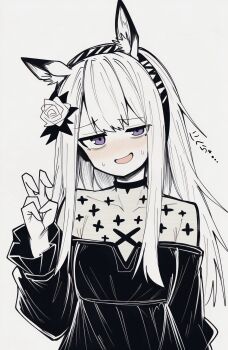 Rule 34 | 1girl, :d, animal ears, arknights, blush, collarbone, commentary, dress, embarrassed, flower, forced smile, grey background, hair flower, hair ornament, hairband, heavyrain (arknights), heavyrain (tranquil moss) (arknights), highres, long hair, long sleeves, looking at viewer, makigirisu, nose blush, official alternate costume, open mouth, partially colored, purple eyes, see-through clothes, see-through dress, simple background, smile, solo, sweatdrop, uneven eyes, upper body, v