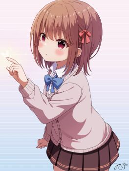 1girl blue_background blue_bow blue_bowtie blush bow bowtie brown_hair brown_skirt buttons cardigan commentary_request cowboy_shot grey_cardigan hair_ribbon hand_up highres long_sleeves miniskirt original parted_lips pleated_skirt red_eyes red_ribbon ribbon school_uniform short_hair sidelocks signature skirt solo uru_aoi23 wing_collar