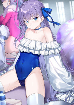 2girls bare_shoulders blue_choker blue_eyes blue_one-piece_swimsuit blue_ribbon breasts choker coffeekite covered_navel fate/grand_order fate_(series) frilled_one-piece_swimsuit frills highleg highleg_one-piece_swimsuit highres long_hair long_sleeves meltryllis meltryllis_(fate) meltryllis_(swimsuit_lancer)_(fate) meltryllis_(swimsuit_lancer)_(second_ascension)_(fate) multiple_girls off-shoulder_one-piece_swimsuit off_shoulder one-piece_swimsuit passionlip_(fate) passionlip_(swimsuit_saber)_(first_ascension)_(fate) prosthesis prosthetic_leg purple_hair ribbon sitting sleeves_past_fingers sleeves_past_wrists small_breasts solo_focus spread_legs strapless strapless_one-piece_swimsuit swimsuit very_long_hair