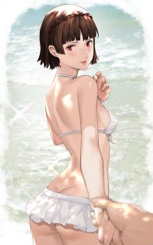 absurdres beach bikini highres holding_hands j@ck looking_at_viewer niijima_makoto persona persona_5 swimsuit