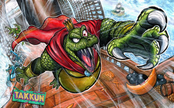 artist_name banana bloodshot_eyes cape claws colored_skin crocodilian crown donkey_kong_(series) donkey_kong_country fangs food fruit furry furry_male green_skin highres island king_k._rool klaptrap kritter krusha nintendo ocean red_cape red_eyes signature takkun_(takkun_art)