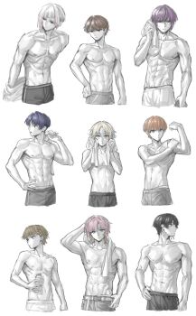 Rule 34 | 6+boys, abs, anyoji hime, belt, blonde hair, blue eyes, blue hair, bottle, boxers, braid, brown eyes, brown hair, center-flap bangs, collarbone, commentary, commentary request, english commentary, fujishima megumi, genderswap, genderswap (ftm), gradient hair, green eyes, grey eyes, hand on own arm, hand on own hip, highres, hinoshita kaho, holding, holding bottle, holding towel, kachimachi kosuzu, link! like! love live!, long belt, love live!, male focus, male underwear, male underwear peek, mixed-language commentary, momose ginko, multi-source commentary, multicolored hair, multiple boys, murano sayaka, muscular, muscular male, orange hair, osawa rurino, otomune kozue, partially colored, pink hair, purple hair, red hair, shirt, short hair, side braids, simple background, smile, streaked hair, sweat, toned, toned male, topless male, towel, towel around neck, underwear, undressing, very short hair, vietnamese commentary, virtual youtuber, white background, white hair, yugiri tsuzuri, zenma trang