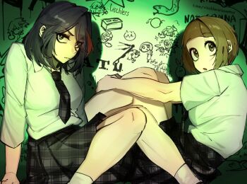 Rule 34 | adapted hairstyle, alternate costume, artist name, black hair, blue eyes, brick, brown eyes, brown hair, character drawing, character request, commentary, elena sergeevna katina, graffiti, implied yuri, kill la kill, mankanshoku mako, matoi ryuuko, multicolored hair, necktie, parody, photo-referenced, plaid clothes, plaid necktie, plaid skirt, scribbles, skirt, snake, streaked hair, style parody, tatu, unmoving pattern, vi sh l er, yulia olegovna volkova