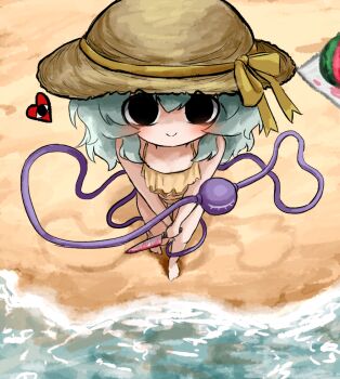 1girl barefoot beach black_eyes blood bloody_knife closed_mouth commentary_request food from_above fruit green_hair hat hat_ribbon heart heripantomorrow holding holding_knife knife komeiji_koishi light_blush medium_hair ocean ribbon smile solo standing straw_hat swimsuit third_eye touhou watermelon yellow_ribbon