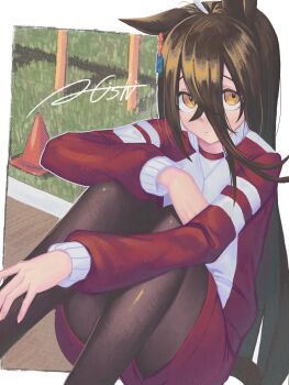 1girl a4_(a4_eishi) absurdres ahoge animal_ears artist_name black_pantyhose closed_mouth crossed_bangs ear_ornament ear_tag earrings hair_between_eyes hand_up highres horse_ears horse_girl jacket jewelry knees_up light_blush light_frown long_bangs long_hair_between_eyes long_sleeves manhattan_cafe_(umamusume) multicolored_hair multicolored_jacket pantyhose pantyhose_under_shorts red_jacket red_shorts shirt shorts signature single_ear_down single_earring sitting solo track_jacket two-tone_jacket umamusume white_hair white_jacket white_shirt yellow_eyes